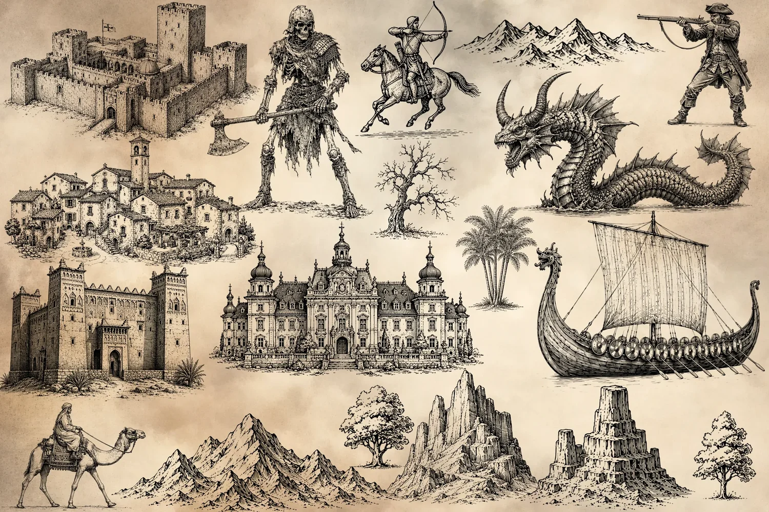 High resolution fantasy map asset sheet with settlements, fighters, monsters, and landmarks